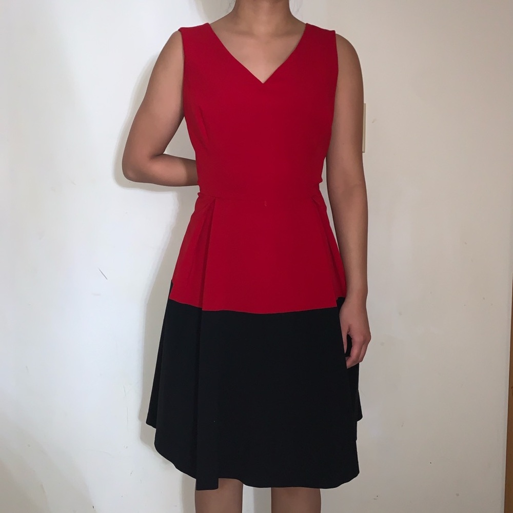 Nine West Red and Black Color Block Pleated Dress Office Work Women’s Size 10